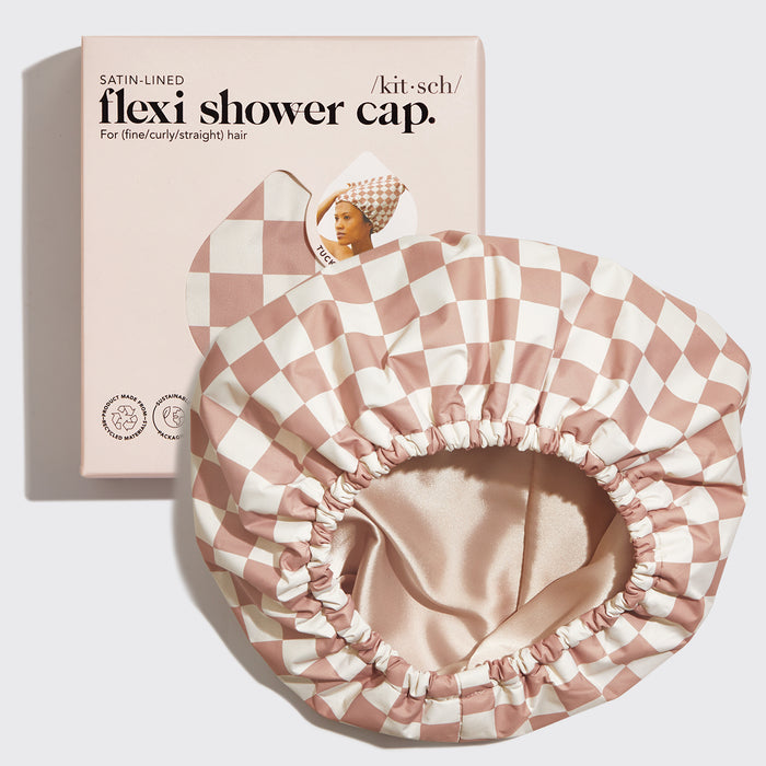 Bonnet de douche Flexi doublé de satin - Terracotta Checker